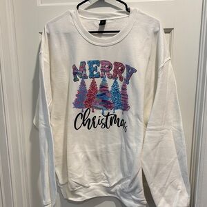 Gildan White Merry Christmas Graphic Sweatshirt with Pink & Blue Trees